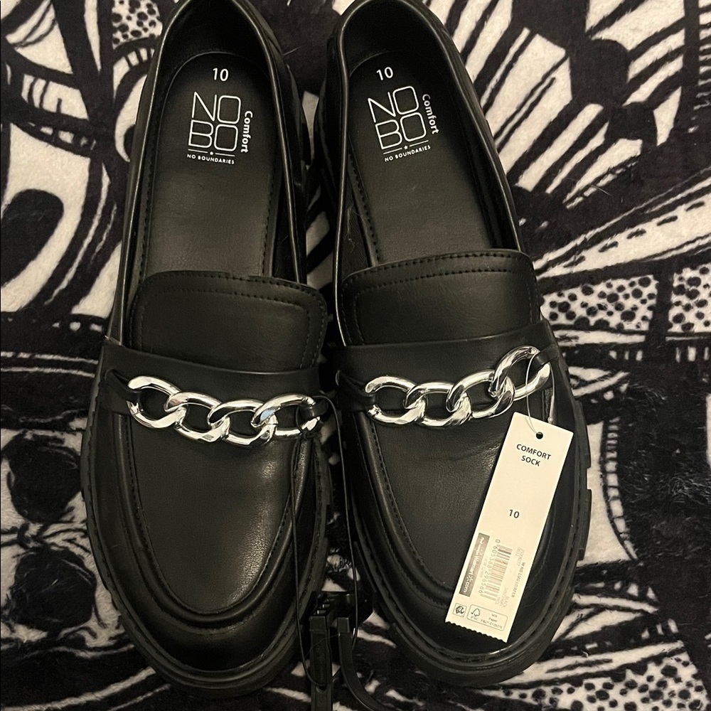 Black Loafers with Silver Chain Detail